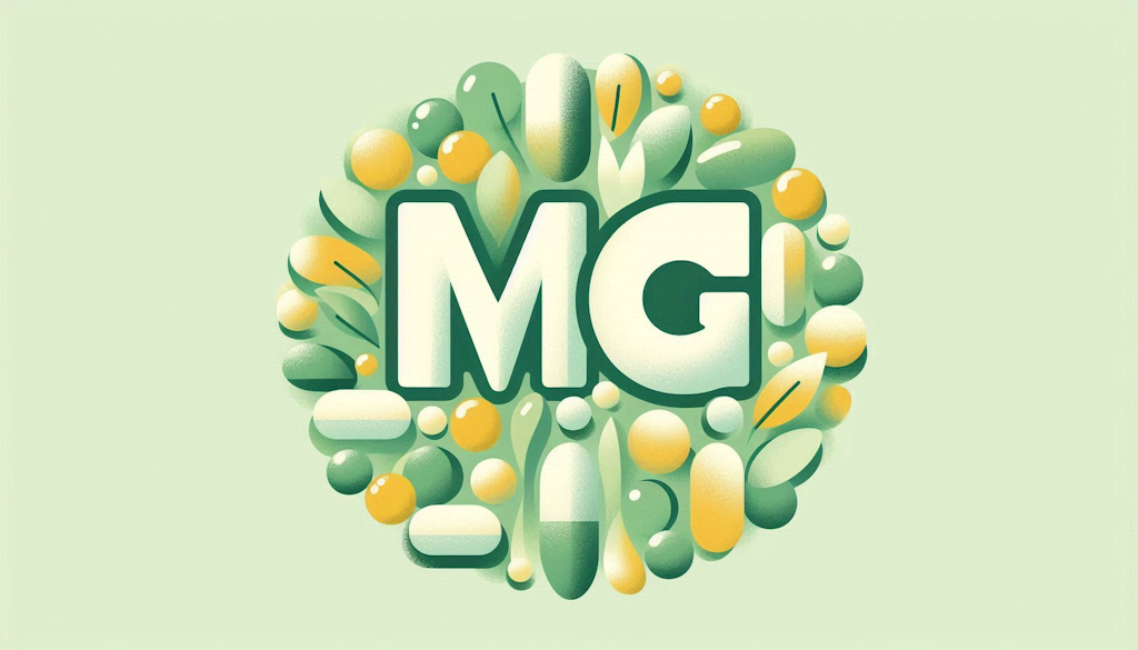Representa al Magnesio, con las letras MG en el centro y cápsulas y vegetales alrededor con color verde y amarillo