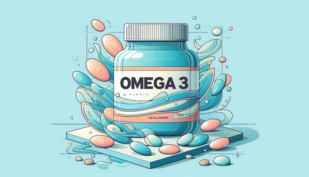 Frasco de suplemento de Omega 3 rodeado de cápsulas sobre fondo azul claro
