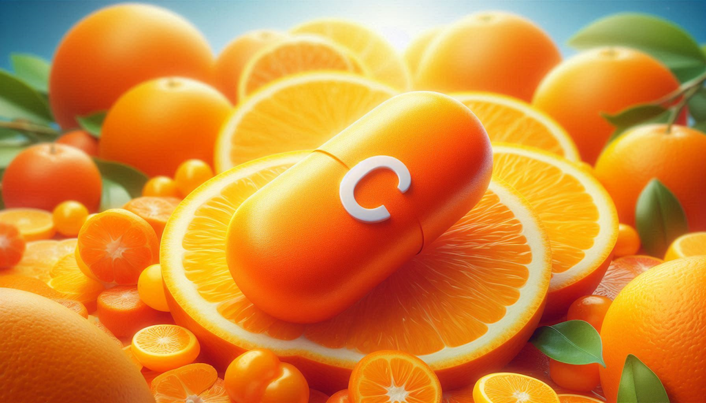 Imagen de un recipiente que simboliza la Vitamina C, capsulas de vitaminas C