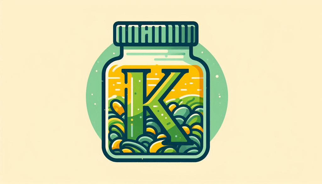 Imagen de un tarro con una etiqueta de vitamina k y comprimidos dentro del tarro